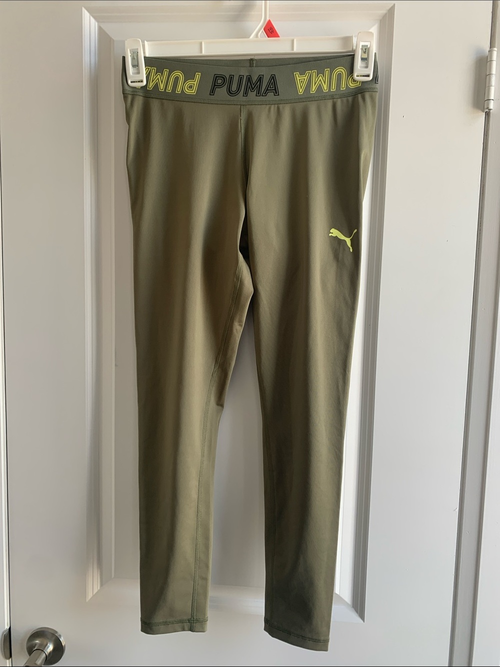 Puma Olive Green Leggings with Neon Yellow Logo